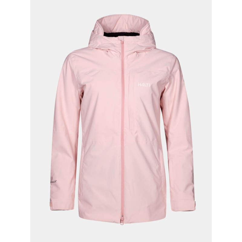 Ženska smučarska jakna Halti Gracer Veiled Pink – tehnično dovršena jakna z vodoodpornostjo 15.000 mm, Microtherm® Dynamic izolacijo in elegantnim daljšim krojem. Toplota, udobje in slog v enem.