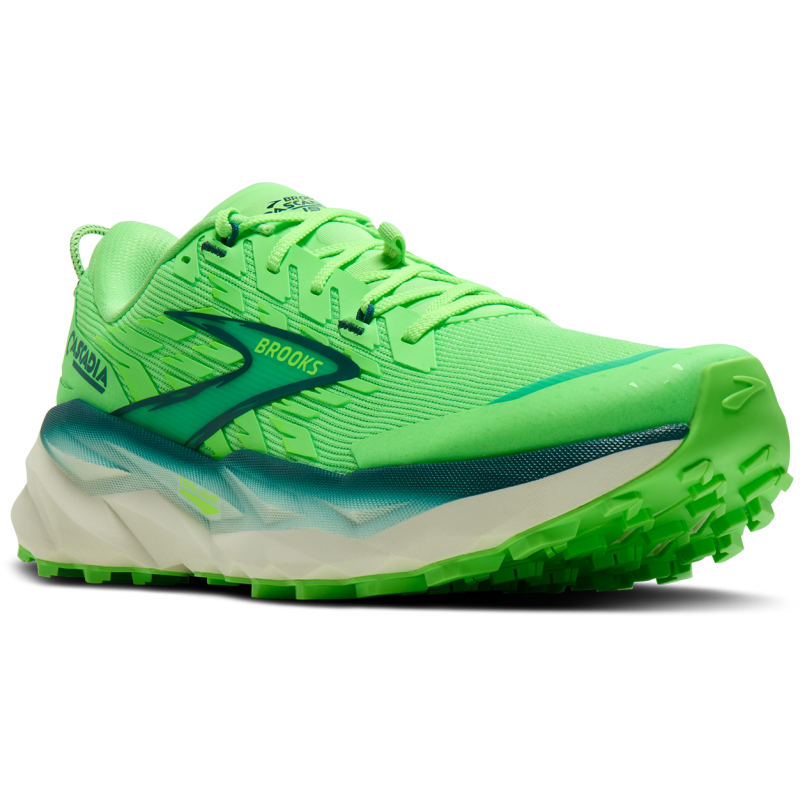 BROOKS Cascadia 19 so moške trail superge z DNA LOFT v3 blaženjem, Trail Adapt sistemom in vrhunskim oprijemom TrailTack Green. Stabilnost, zaščita in udobje za zahtevne terene.