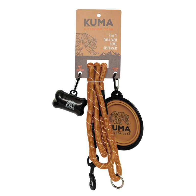 The 3-in-1 KUMA dog leash in natural earth color allows for comfortable and functional walking. It includes a bag holder and a collapsible silicone bowl, perfect for active dog owners. With this leash, you'll always be ready for exploration!