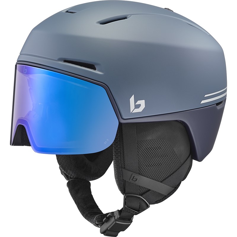 Modra smučarska čelada z vizirjem BOLLÉ X-FUSION Sailor Blue Matte s fotokromatsko lečo kategorije 1–3.