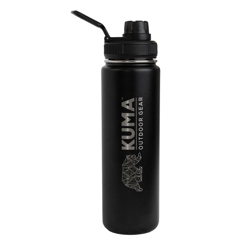 The KUMA Bomber bottle in black is an excellent choice for active people. Made from stainless steel with double walls and vacuum sealing, it keeps drinks cold and ensures hydration during hikes, workouts, or at work.