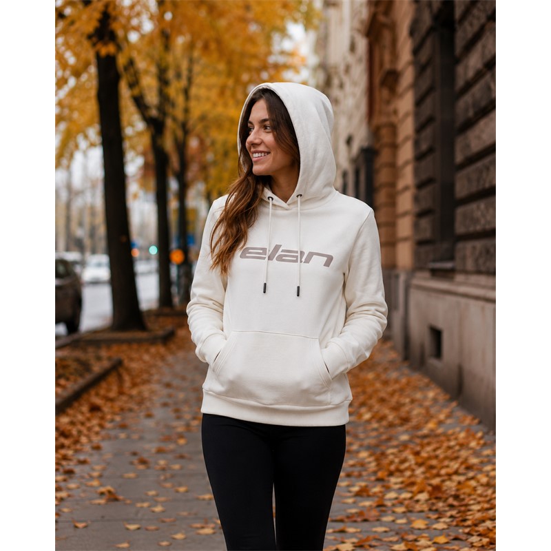 Ženski bež pulover s kapuco ELAN LOGO BEIGE z grafičnim smučarskim motivom