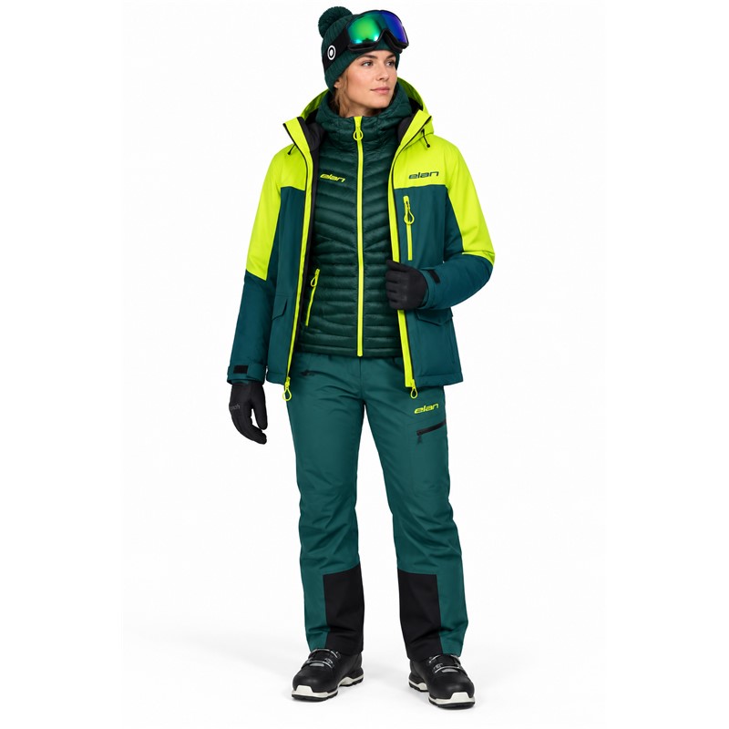 Women's shell ski jacket ELAN DEMO PETROL in modern petrol color. Triple-layer technical construction of 100% polyester provides water column 20,000 mm and breathability 20,000 g/m²/24 h. The jacket has fully taped seams, waterproof zippers, underarm ventilation, adjustable bottom edge, Lycra inner cuffs, sleeve pocket for ski pass on the left arm, internal mesh pocket, and built-in snow protection.