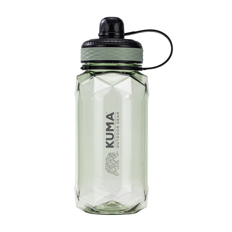 The KUMA plastic bottle in sage color is ideal for active people. Made from durable Tritan plastic, it offers a capacity of 1000 ml and a modern polygonal design. A perfect choice for hiking, sports, and everyday use.