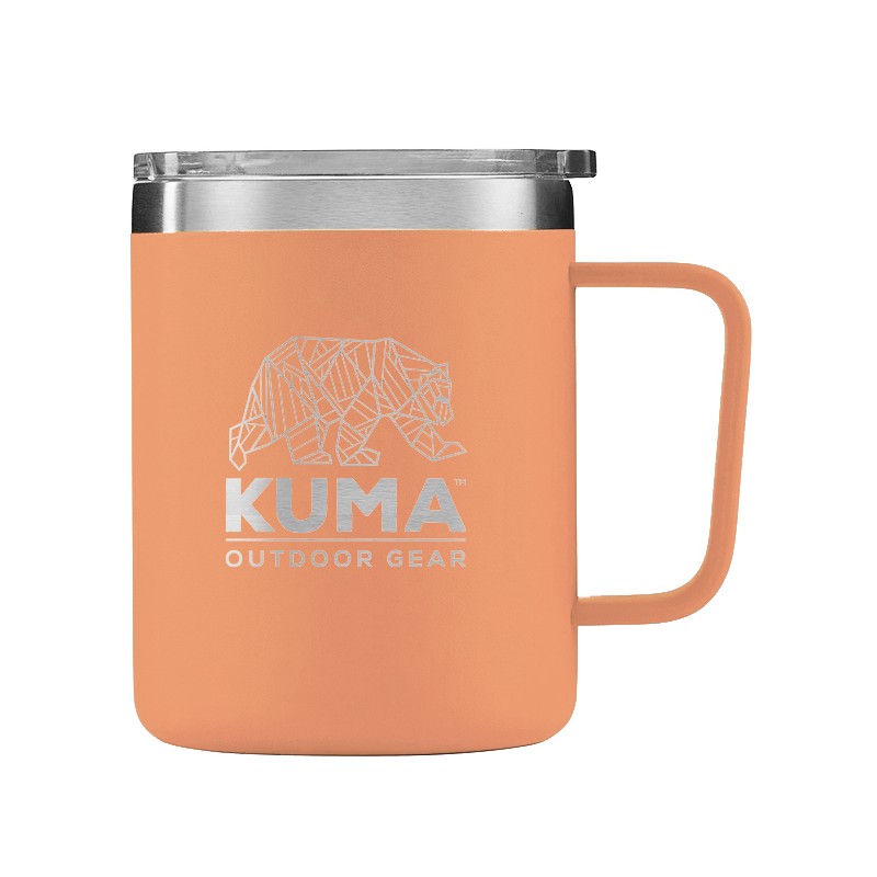 KUMA travel mug in flamingo color, made of double stainless steel, is vacuum-sealed and spill-resistant. With a capacity of 355 ml, it is ideal for enjoying drinks on the go.