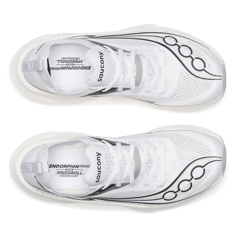 Vrhunske karbonske tekaške superge Saucony Endorphin Elite 3 z dvojno plastjo pene IncrediRUN in podplatom PWRTRAC za cestna tekmovanja, polmaraton in maraton.