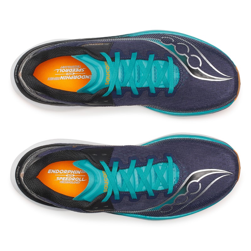 Lahke in odzivne moške tekaške superge Saucony Endorphin Azura s superpeno PWRRUN PB in tehnologijo SPEEDROLL za vsakodnevne in hitrejše cestne teke.