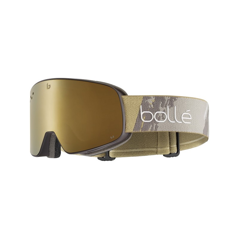 Smučarska očala BOLLE NEVADA Rock Camo Matte - Gold združujejo sodoben kamuflažni dizajn z zanesljivimi lastnostmi, da ti nudijo udobje, jasen vid in zaščito na smučišču.