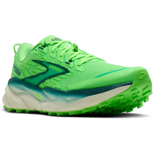 BROOKS Cascadia 19 so moške trail superge z DNA LOFT v3 blaženjem, Trail Adapt sistemom in vrhunskim oprijemom TrailTack Green. Stabilnost, zaščita in udobje za zahtevne terene.