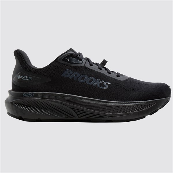Vodoodporne moške cestne tekaške superge Brooks Ghost 18 GTX z membrano GORE‑TEX Invisible Fit, mehkim blaženjem DNA LOFT v3 in podplatom RoadTack za tek v dežju.