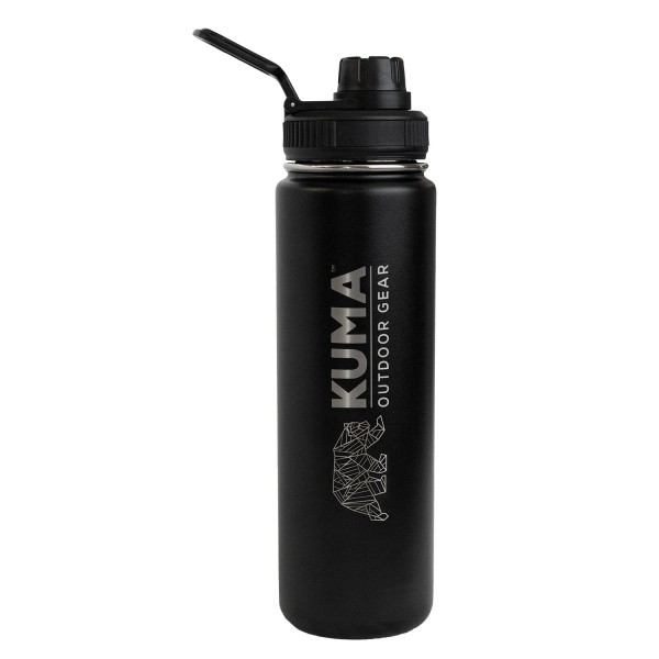 The KUMA Bomber bottle in black is an excellent choice for active people. Made from stainless steel with double walls and vacuum sealing, it keeps drinks cold and ensures hydration during hikes, workouts, or at work.