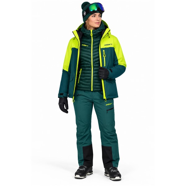 Women's shell ski jacket ELAN DEMO PETROL in modern petrol color. Triple-layer technical construction of 100% polyester provides water column 20,000 mm and breathability 20,000 g/m²/24 h. The jacket has fully taped seams, waterproof zippers, underarm ventilation, adjustable bottom edge, Lycra inner cuffs, sleeve pocket for ski pass on the left arm, internal mesh pocket, and built-in snow protection.