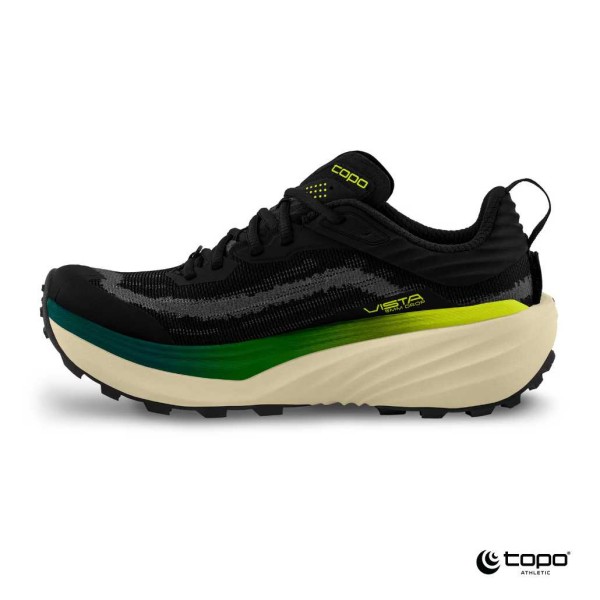 Topo Vista Black/Lime — moške trail superge Topo Athletic, zasnovane za dolge in tehnične poti. Opremljene so z maksimalno blaženjem ZipFoam, ki ublaži ostre robove stez, hkrati pa ohranja naravni ritem koraka.