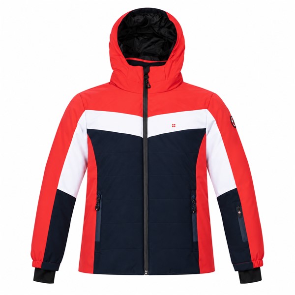 Discover kids' ski jacket AULP Chaka Flame Red – extremely light, breathable, and waterproof (10K/10K). With lycra sleeves, thumb holes, and a detachable hood, it offers full protection and freedom of movement on the snow. Ideal choice for active toddlers!