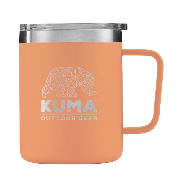 KUMA travel mug in flamingo color, made of double stainless steel, is vacuum-sealed and spill-resistant. With a capacity of 355 ml, it is ideal for enjoying drinks on the go.