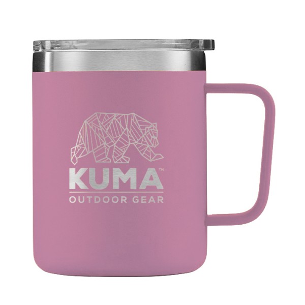 The KUMA travel mug in mulberry color, made of double stainless steel, is vacuum-sealed and spill-resistant. With a capacity of 355 ml, it is ideal for enjoying drinks on the go.