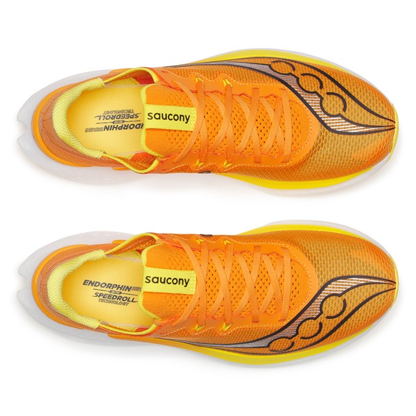 Vrhunske moške karbonske tekaške superge Saucony Endorphin Pro 5 s tehnologijo SPEEDROLL in penama PWRRUN PB ter PWRRUN HG za tekmovanja in hitre cestne teke.