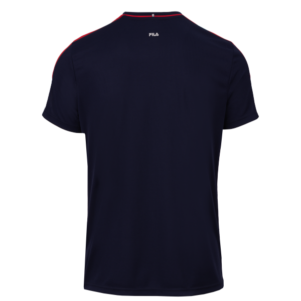 Moška športna majica FILA GABRIEL 1502 v kombinaciji navy modre in FILA rdeče barve z izrazitim športnim dizajnom in prepoznavnim FILA logotipom na sprednji strani. Udobna in vsestranska majica, primerna za šport in prosti čas.