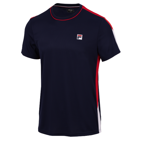Moška športna majica FILA GABRIEL 1502 v kombinaciji navy modre in FILA rdeče barve z izrazitim športnim dizajnom in prepoznavnim FILA logotipom na sprednji strani. Udobna in vsestranska majica, primerna za šport in prosti čas.