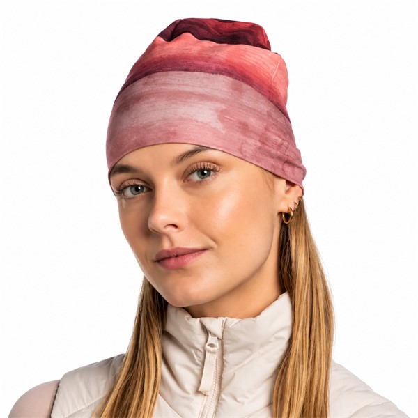 Originalna športna kapa BUFF® EcoStretch Beanie Lise Rosewood z atraktivno rožnato barvno kombinacijo. Obojestranska in raztegljiva konstrukcija iz recikliranih materialov, primerna za tek, pohodništvo, smučanje, kolesarjenje in druge športne aktivnosti v hladnejšem vremenu