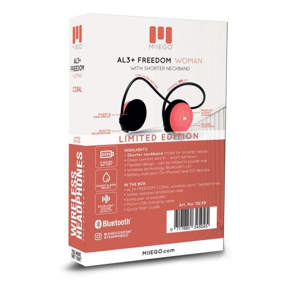 Brezžične slušalke AL3 WOMAN CORAL, so prav posebej obilkovane za športne dejavnosti. So izredno udobne, vedno ostanejo na mestu. Z zelo vzdržljivo baterijo.
