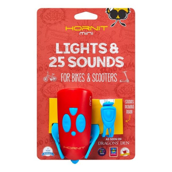 Mini Hornit  je najbolj zabaven majhen dodatek za kolesa in skiroje, ki je luč in zvonec v enem! V štirih barvnih kombinacijah. Z dvema krilcema se preprosto pritrdi na sredino krmila vsakega poganjalca, skiroja ali kolesa.