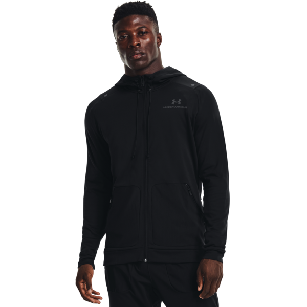 Under Armour Rush All Purpose FZ HD is a men's hoodie suitable for running and various other activities. It is made from a pleasant synthetic material that dries quickly and effectively wicks moisture. It features a zipper, a hood, and two pockets.