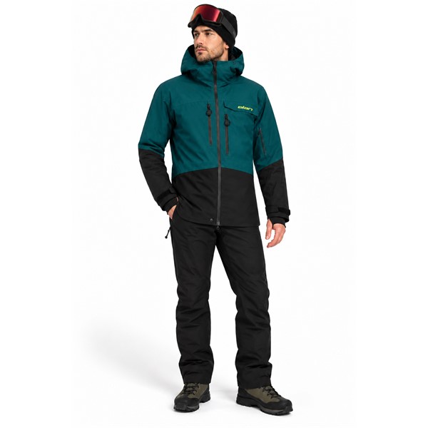 Men's ski jacket ELAN AREH PETROL in a contemporary petrol color. Two-layer construction with polyurethane membrane provides a water column of 20,000 mm and breathability of 20,000 g/m²/24 h. The jacket contains recycled synthetic insulation of 80 g/m² on the torso and 60 g/m² on the sleeves and hood. It is equipped with taped seams, waterproof zippers, underarm ventilation, a two-way adjustable hood for a ski helmet, a pocket for a ski pass, and internal snow protection.