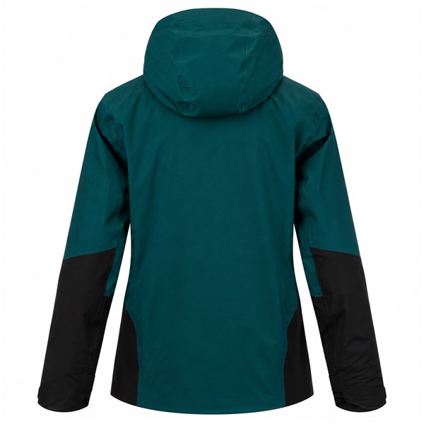 Men's ski jacket ELAN AREH PETROL in a contemporary petrol color. Two-layer construction with polyurethane membrane provides a water column of 20,000 mm and breathability of 20,000 g/m²/24 h. The jacket contains recycled synthetic insulation of 80 g/m² on the torso and 60 g/m² on the sleeves and hood. It is equipped with taped seams, waterproof zippers, underarm ventilation, a two-way adjustable hood for a ski helmet, a pocket for a ski pass, and internal snow protection.