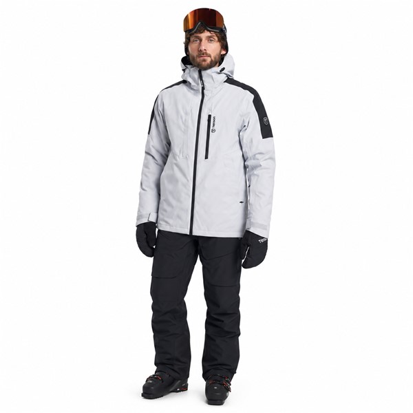Men's ski jacket TENSON CORE in gray color. MPC Plus™ membrane provides a water column of 8,000 mm and breathability 8,000 g/m²/24 h. The jacket has Air-Push 120 g/m² insulation, taped seams, waterproof zippers, removable adjustable hood, snow gaiter, internal Lycra cuffs and practical pockets. Suitable for alpine skiing and other winter activities.