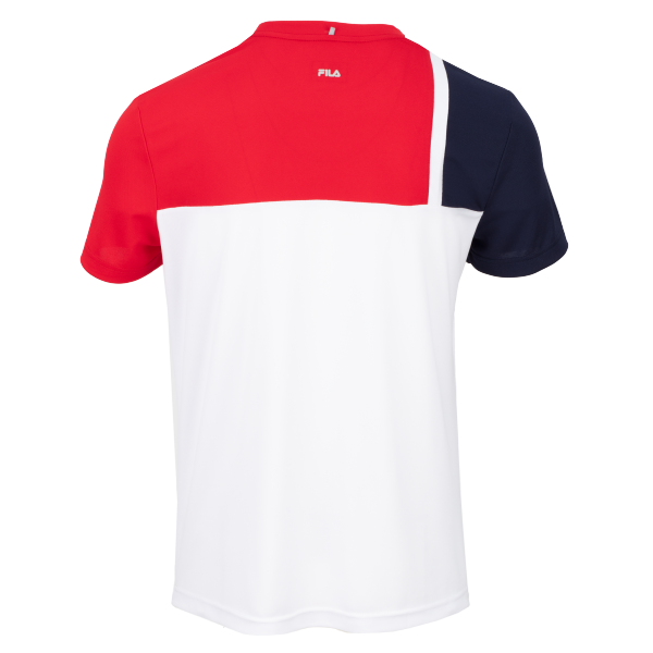 Moška športna majica FILA T-SHIRT KARL v barvni kombinaciji White/FILA Red Comb. Udobna in zračna majica s kratkimi rokavi za športne aktivnosti, trening in prosti čas.