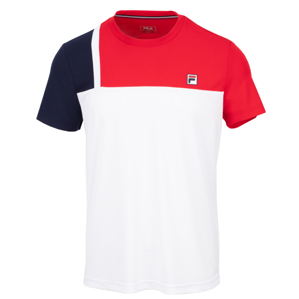 Moška športna majica FILA T-SHIRT KARL v barvni kombinaciji White/FILA Red Comb. Udobna in zračna majica s kratkimi rokavi za športne aktivnosti, trening in prosti čas.