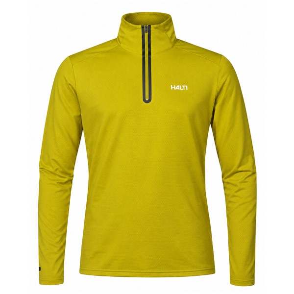 Men's technical ski pullover HALTI JAAKO AVOCADO OIL GREEN in an elegant olive green color. Light Active Dry Sport Knit material 94% recycled polyester and 6% elastane, mesh-structured interior and high collar ensure effective moisture wicking, breathability and freedom of movement for skiing, hiking and other activities.