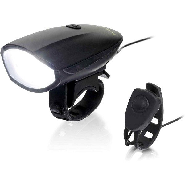 The USB rechargeable bike light Hornit Lite with a brightness of 250 lumens combines a light with a horn that emits a sound at 120db volume. It features 6 lighting modes for night and day use and up to 9.5 hours of operation.