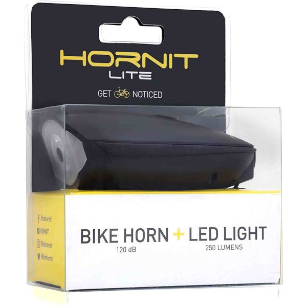The USB rechargeable bike light Hornit Lite with a brightness of 250 lumens combines a light with a horn that emits a sound at 120db volume. It features 6 lighting modes for night and day use and up to 9.5 hours of operation.