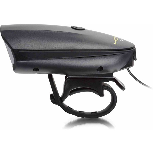 The USB rechargeable bike light Hornit Lite with a brightness of 250 lumens combines a light with a horn that emits a sound at 120db volume. It features 6 lighting modes for night and day use and up to 9.5 hours of operation.