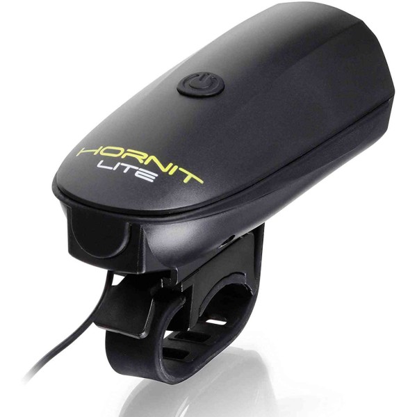 The USB rechargeable bike light Hornit Lite with a brightness of 250 lumens, combined with a horn that emits a sound at 120db volume. It features 6 lighting modes for night and day use and up to 9.5 hours of operation.