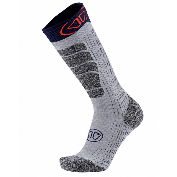 Tople unisex smučarske nogavice SIDAS Merino White Blue s 44 % merino volne, anatomsko konstrukcijo ter zaščito goleni, pete in prstov.
