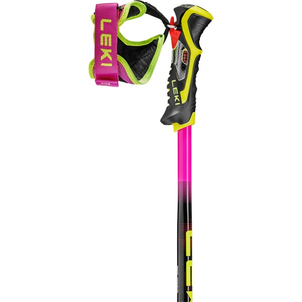 Slalomske smučarske palice LEKI WCR Pro Lite SL TR iz aluminija HTS 6.5 z ročajem Trigger 3D SL in neonsko tekmovalno grafiko.