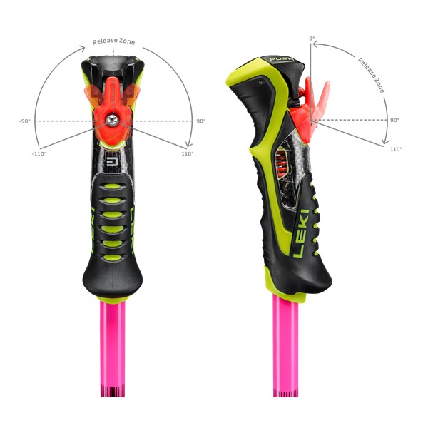 Slalomske smučarske palice LEKI WCR Pro Lite SL TR iz aluminija HTS 6.5 z ročajem Trigger 3D SL in neonsko tekmovalno grafiko.