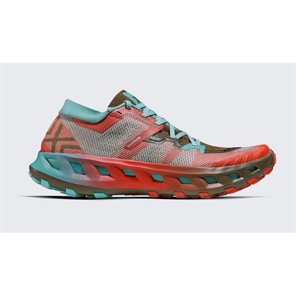 Unisex trail tekaške superge X-BIONIC TERRASKIN X02 Burnt Red Aqua Dark Kaki z Vibram MegaGrip podplatom