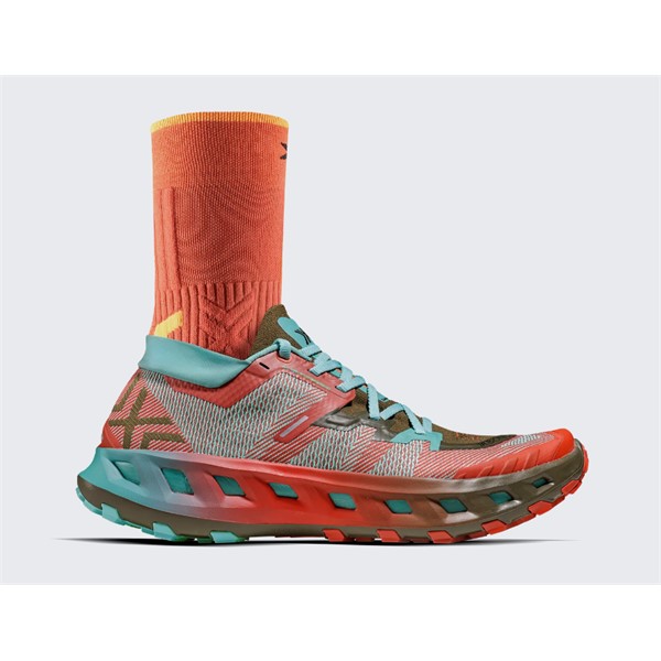 Unisex trail tekaške superge X-BIONIC TERRASKIN X02 Burnt Red Aqua Dark Kaki z Vibram MegaGrip podplatom