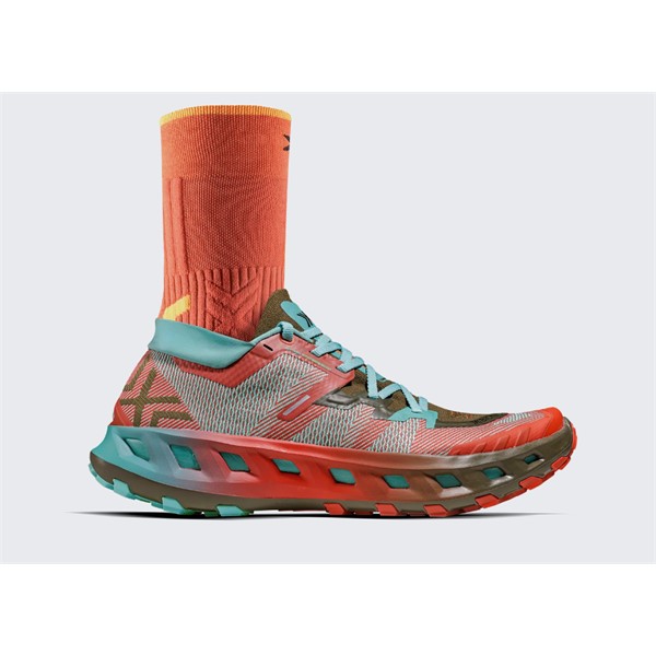 Unisex trail tekaške superge X-BIONIC TERRASKIN X02 Burnt Red Aqua Dark Kaki z Vibram MegaGrip podplatom