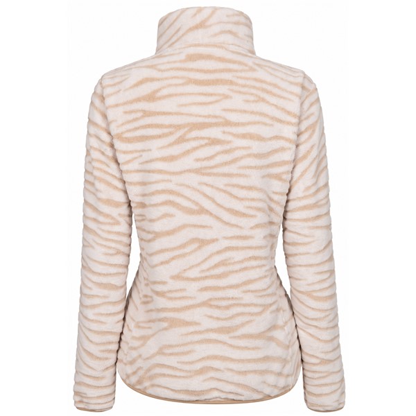 Ženska flis jopica AULP VESTO SAND v elegantni peščeno bež barvi SAND 1 s prepoznavnim vzorcem zebre, izdelana iz izjemno mehkega in toplega materiala Coral Fleece iz 100 % poliestra. Jopica ima raztegljive vložke Stretch, ženstveno oprijet kroj, visok ovratnik, sprednjo zadrgo po celotni dolžini in dva stranska žepa z zadrgo. Primerna za pohodništvo, zimske sprehode, smučanje kot srednja plast in vsakodnevno uporabo.