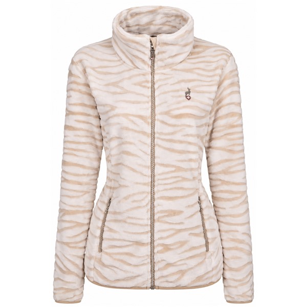 Ženska flis jopica AULP VESTO SAND v elegantni peščeno bež barvi SAND 1 s prepoznavnim vzorcem zebre, izdelana iz izjemno mehkega in toplega materiala Coral Fleece iz 100 % poliestra. Jopica ima raztegljive vložke Stretch, ženstveno oprijet kroj, visok ovratnik, sprednjo zadrgo po celotni dolžini in dva stranska žepa z zadrgo. Primerna za pohodništvo, zimske sprehode, smučanje kot srednja plast in vsakodnevno uporabo.