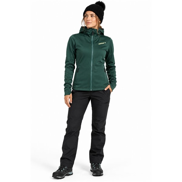 Women's sports jacket ELAN DEMO W 2L FLEECE JACKET made of warm and stretchy Powerfleece material with 95% polyester and 5% elastane. It features two side pockets and functional thumbhole openings on the sleeves. Suitable for skiing, trekking, walking, leisure, and use as a middle insulating layer under the ski jacket.