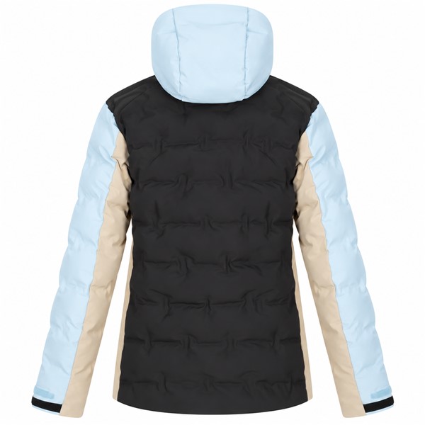 Ženska smučarska jakna 2117 MALA ICE BLUE v elegantni črno-bež-svetlo modri kombinaciji. Petplastna konstrukcija iz 100 % recikliranega poliestra in membrana Tritech zagotavljata vodni stolpec 15.000 mm in zračnost 15.000 g/m²/24 h. Izolacija ALTO Wool vsebuje 30 % volne in 70 % recikliranega poliestra. Jakna ima toplotno oblikovano brezšivno zasnovo, vodoodbojne lastnosti, vodoodporne zadrge, nastavljivo kapuco, odstranljivo snežno manšeto in praktične žepe.