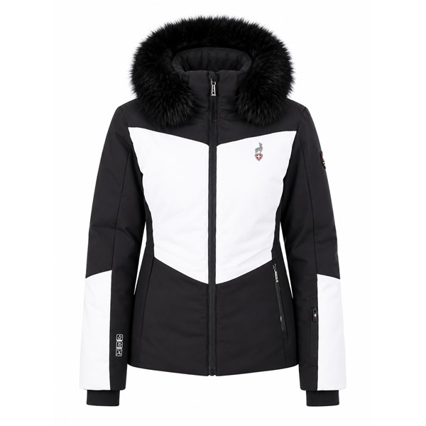 Ženska smučarska jakna AULP SANDI BLACK 1 v elegantni črni barvi. Topel in nepremočljiv model z membrano 15K/15K, sintetično izolacijo, snemljivo kapuco, odstranljivim krznenim dodatkom, notranjimi manšetami iz lycre z odprtinami za palce in snežno zaščito s protizdrsnim elastikom. Primerna za alpsko smučanje in zimske aktivnosti.