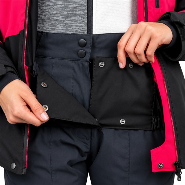 Women's ski jacket ELAN ROGLA PINK in a vivid pink color. Advanced two-layer construction with a polyurethane membrane provides a water column of 20,000 mm and breathability 20,000 g/m²/24 h. The jacket has insulation made of 100% recycled polyester, 80 g/m² on the torso and 60 g/m² on the sleeves and hood, taped seams, waterproof zippers, two-way adjustable hood, ski pass pocket, and internal snow protection.