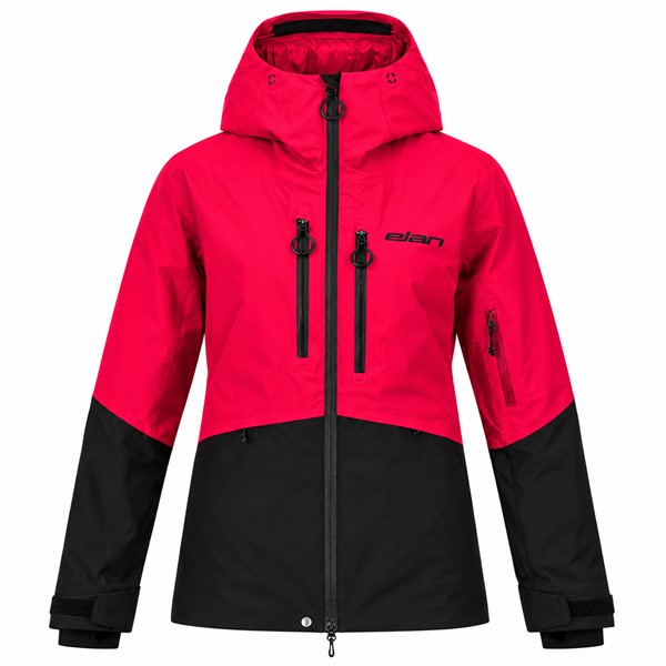 Women's ski jacket ELAN ROGLA PINK in a vivid pink color. Advanced two-layer construction with a polyurethane membrane provides a water column of 20,000 mm and breathability 20,000 g/m²/24 h. The jacket has insulation made of 100% recycled polyester, 80 g/m² on the torso and 60 g/m² on the sleeves and hood, taped seams, waterproof zippers, two-way adjustable hood, ski pass pocket, and internal snow protection.